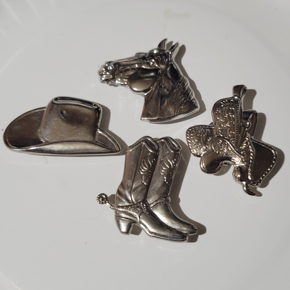 Set of 4 Vintage Western Themed Silver Metal Button Covers
